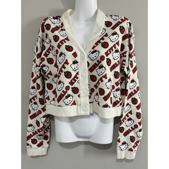 Dumbgood Sanrio Hello Kitty Strawberries Waffle Knit Cropped Cream Cardigan L - Picture 11 of 15